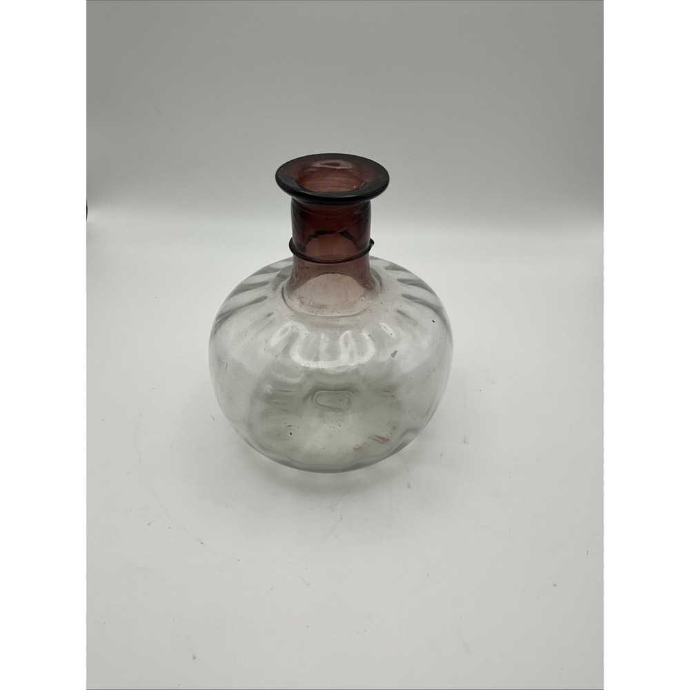 Vintage Smokey Gray Glass Bottle Vase Amethyst Neck Blown Art Glass 5.5"